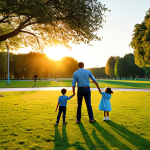 एक खुशहाल परिवार, जिसमें माता-पिता और दो बच्चे हैं, जो सूर्यास्त के समय एक पार्क में खेल रहे हैं, सभी पूरी तरह से कपड़े पहने हुए हैं, सुरक्षित, उचित, पारिवारिक माहौल, परिपूर्ण शारीरिक संरचना, प्राकृतिक अनुपात, पेशेवर फोटोग्राफी, उच्च गुणवत्ता।