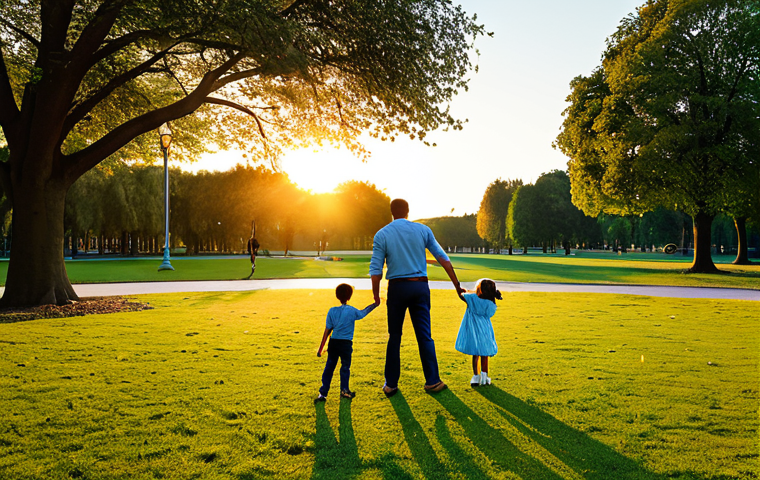 एक खुशहाल परिवार, जिसमें माता-पिता और दो बच्चे हैं, जो सूर्यास्त के समय एक पार्क में खेल रहे हैं, सभी पूरी तरह से कपड़े पहने हुए हैं, सुरक्षित, उचित, पारिवारिक माहौल, परिपूर्ण शारीरिक संरचना, प्राकृतिक अनुपात, पेशेवर फोटोग्राफी, उच्च गुणवत्ता।
