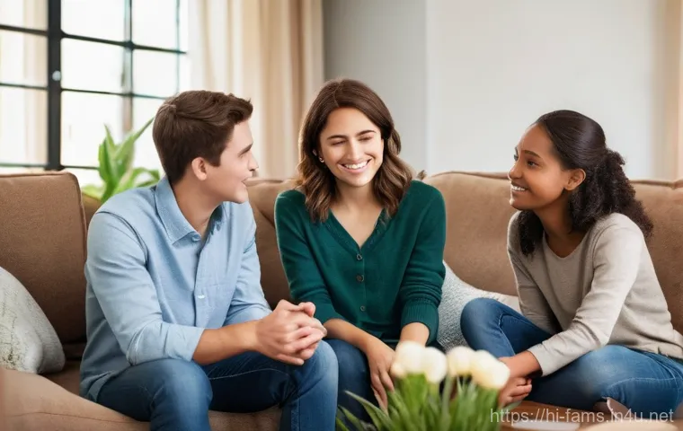 가족상담사 직무의 전망과 변화 예측 - **Prompt:** A serene and hopeful scene of a modern, diverse family of four (two parents, a teenage b...