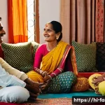 가족상담사와 직장 내 갈등 상담 사례 - A warm and intimate family scene in a traditional Indian living room with Hindi decor elements, show...