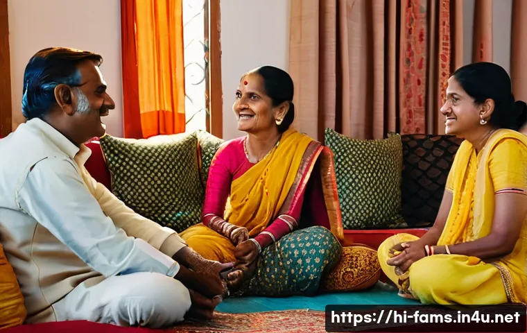 가족상담사와 직장 내 갈등 상담 사례 - A warm and intimate family scene in a traditional Indian living room with Hindi decor elements, show...